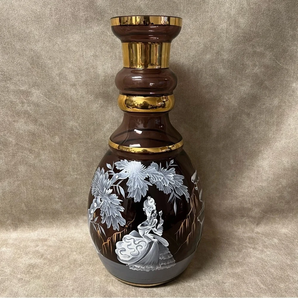 19th Century Mary Gregory Tall Hand Painted Glass Vase 15” Tall